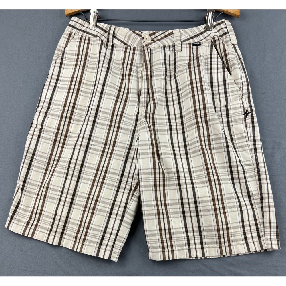 Hurley Shorts Mens 30 Plaid Walk Shorts Brown Tan White Casual Summer Flat Front